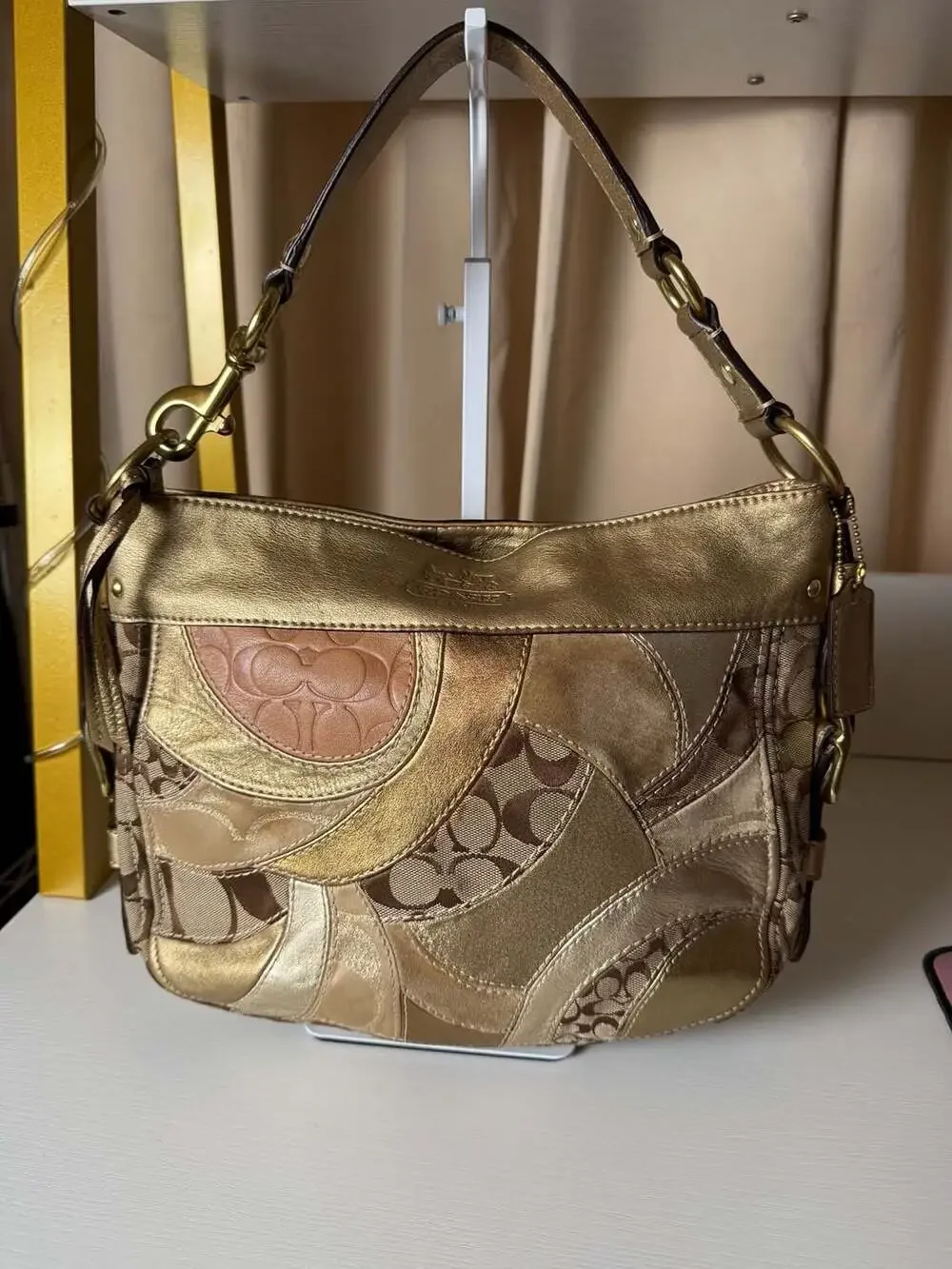 Coach Carly Signature Patchwork Gold Leather Shoulder Bag F14005